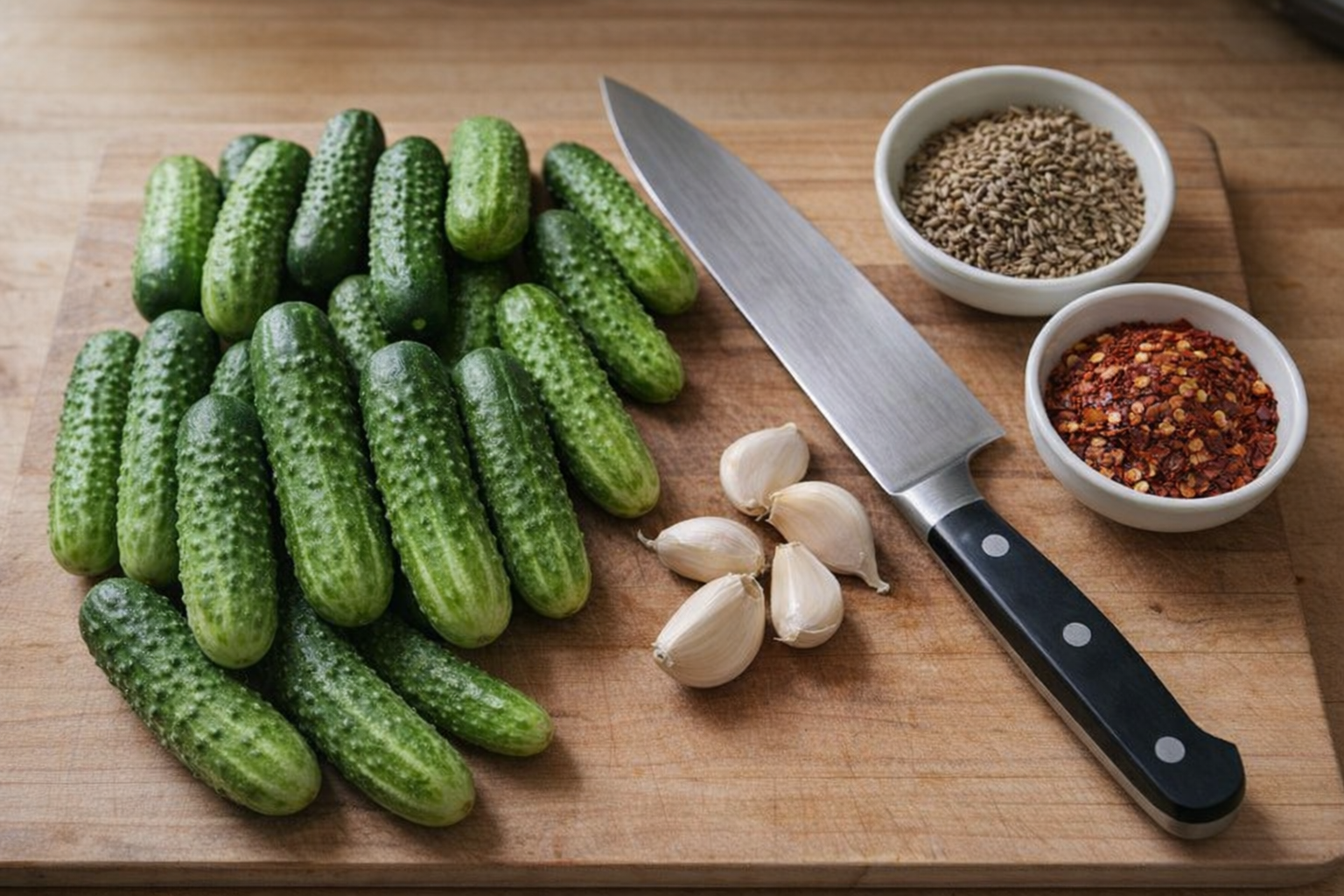 An overhead shot of a cutting board with Kirby cucumbers, a chef's knife, garlic cloves, dill seeds, and red pepper flakes, all neatly arranged and ready for pickling.